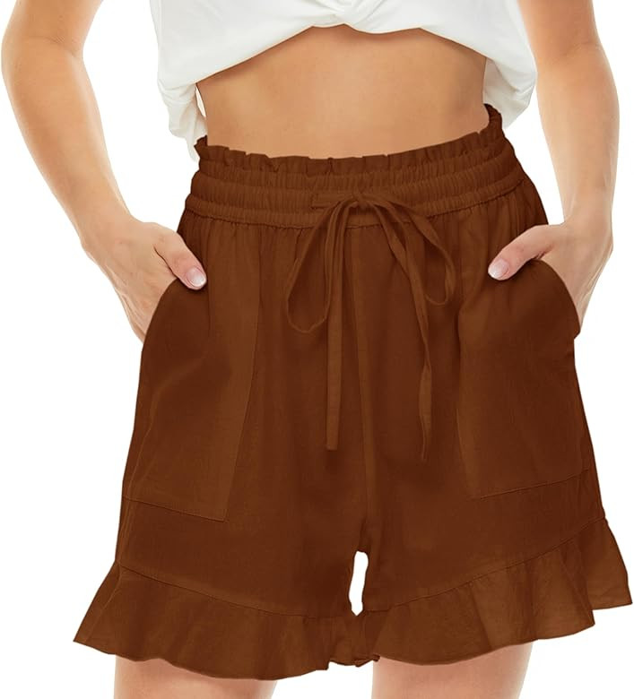 LNX Womens Linen Shorts High Waisted Wide Leg Drawstring Ruffle Flowy Shorts with Pockets | Amazon (US)