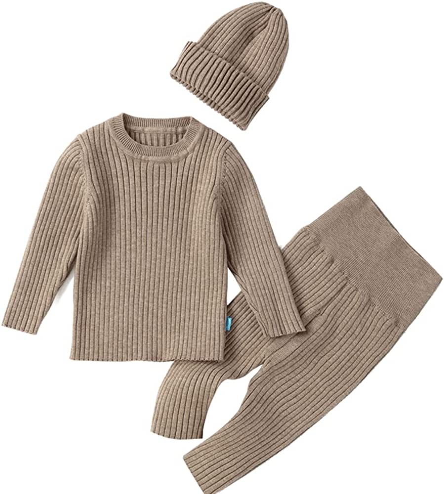 Baby Boys Girls Sweater Set Ribbed Elastic Knit Clothes Outfit Set Solid Tops High Waist Pants Ha... | Amazon (US)