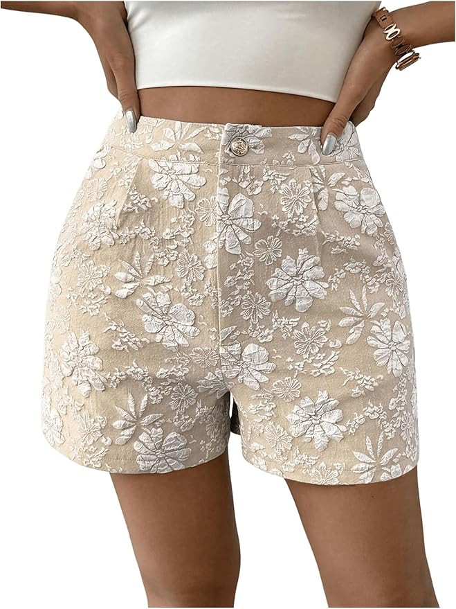 SweatyRocks Women's Floral Jacquard Shorts High Waisted Boho Summer Shorts with Pocket | Amazon (US)