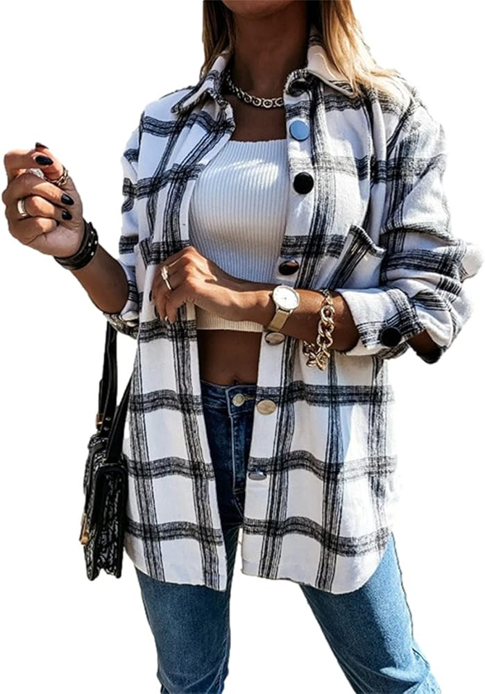 Peaceglad Women's Lapel Long Sleeve Plaid Shirt Pocket Jacket Shacket Casual Button Cardigan Jack... | Amazon (US)