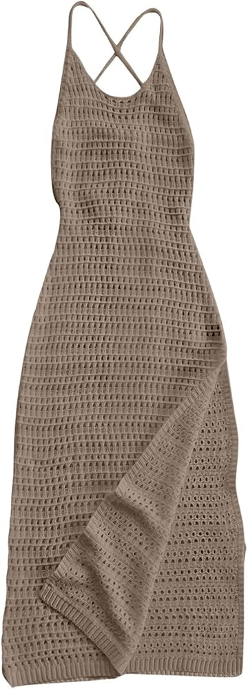 SHENHE Women's Crochet Knit Maxi Dress High Slit Backless Hollow Out Sleeveless Dress | Amazon (US)