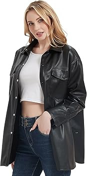 Bellivera Women Button Down Shirt Faux Leather Jacket Loose Shacket Coat | Amazon (US)