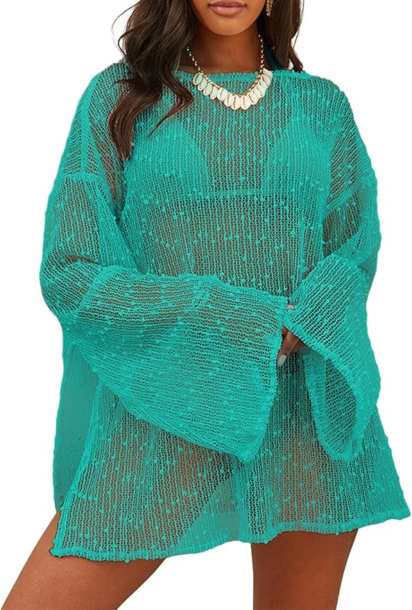 Lilosy Sexy Crochet Sheer Kaftan Caftan Beach Dress Bathing Suit Swim Coverup One Piece | Amazon (US)