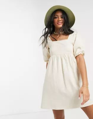 ASOS DESIGN square neck puff sleeve smock dress in cream | ASOS US