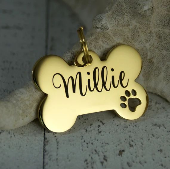 Personalized Gold Dog ID Tag • Smaller Cut out dog paw • Dog Bone Name Tag • ID Tag for Dog... | Etsy (US)