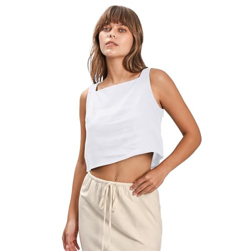 Amazhiyu Womens 100% Linen Summer Square Neck Sleeveless Back Keyhole Crop Tops White, X-Large | Amazon (US)
