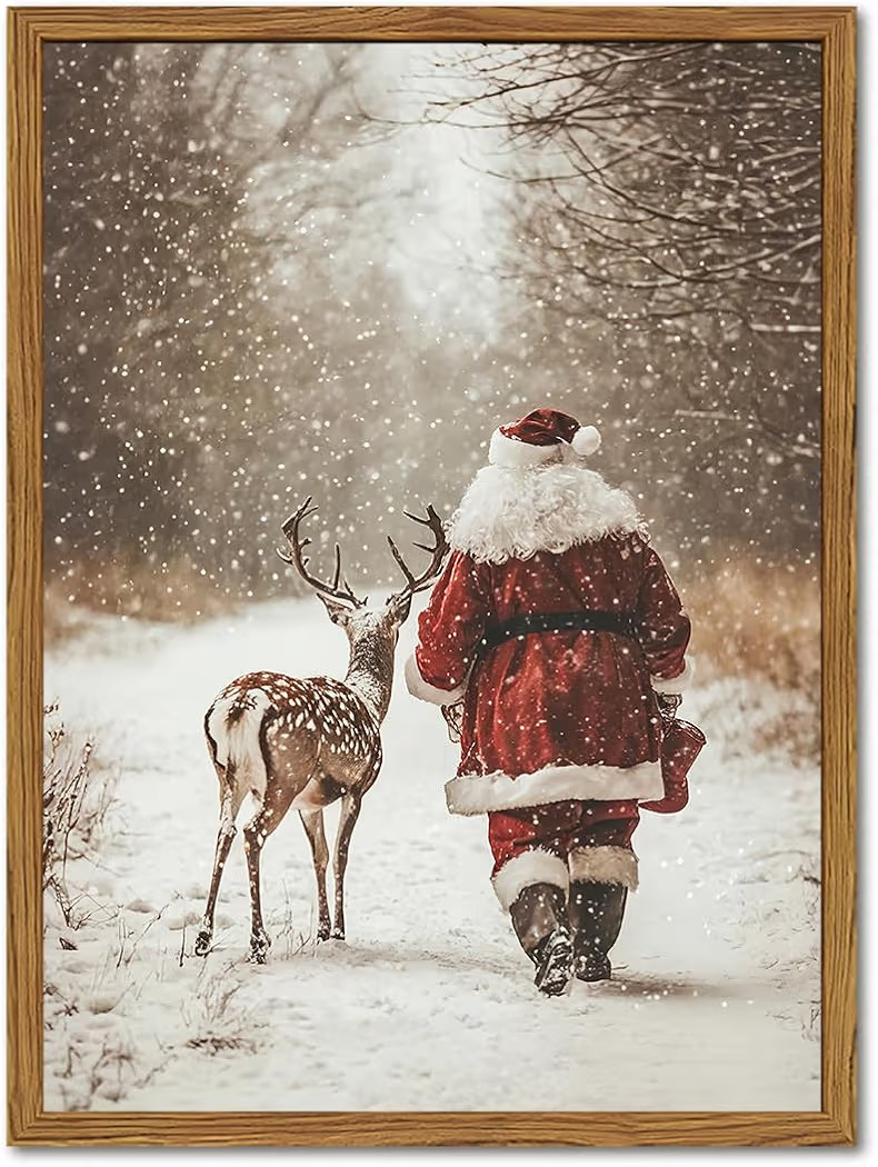 Framed Vintage Christmas Canvas Wall Art, Santa Claus Reindeer Snowy Forest Wall Decor Paintings,... | Amazon (US)