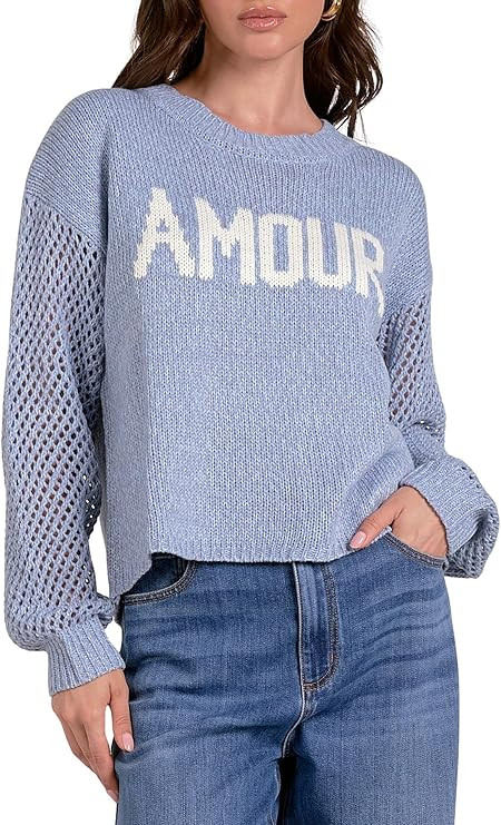ELAN Women's Amour Graphic Mesh Sleeve Crewneck Sweater | Amazon (US)