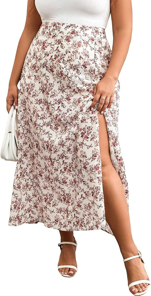 Floerns Women's Plus Size Boho Floral High Waist Split Thigh A Line Midi Skirt | Amazon (US)