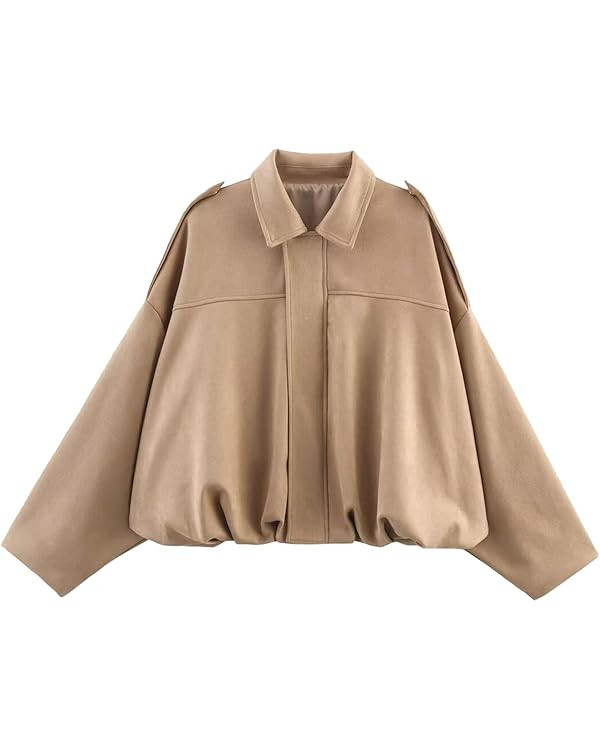 Womens Faux Suede Bomber Jacket Casual Lightweight Batwing Long Sleeve Oversized Coat Streetwear ... | Amazon (US)