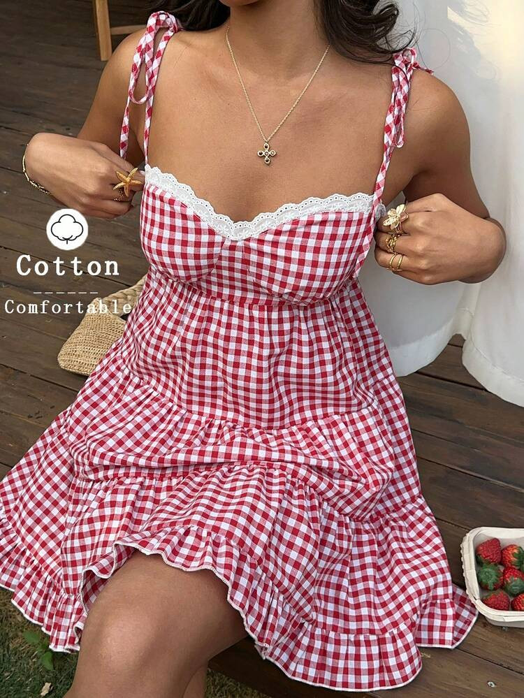 Sunnyshic French Retro Red Plaid Fashion Spaghetti Strap Early Spring New Lace Trim Flattering Versatile Sweet Elegant Layered Women Dress | SHEIN