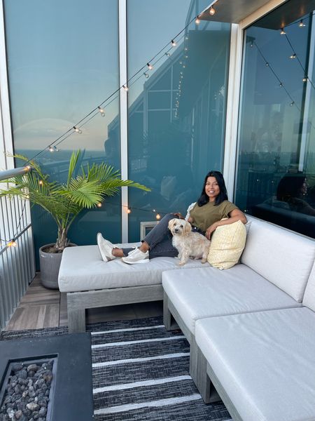 Outdoor Balcony details: Furniture set is from West Elm, fire place from Wayfair, outdoor rug from Target & string lights from Amazon.  

#LTKhome
