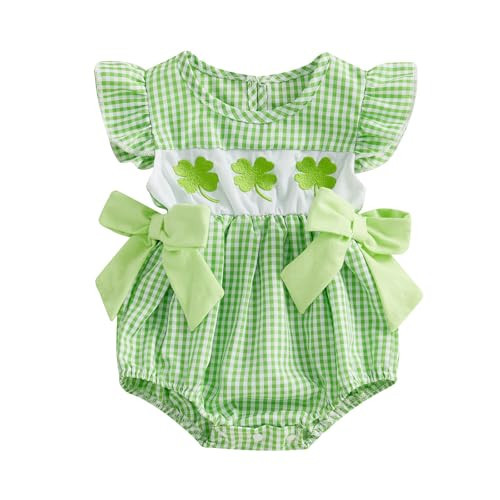 FIOMVA St Patricks Day Baby Girl Outfit Infant Plaid Bubble Romper Newborn Shamrock Bow Top Cute Spring Summer Clothes (A Embroidery Clover Green, 6-12 Months) | Amazon (US)
