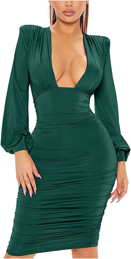 L'VOW Women's Sexy Deep V Neck Long Sleeve Ruched Bodycon Shoulder Padded Club Midi Dress | Amazon (US)