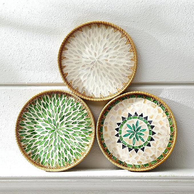 3 Pcs Round Rattan Tray with Mother of Pearl Inlay Wicker Serving Tray with Wooden Base Boho Deco... | Amazon (US)