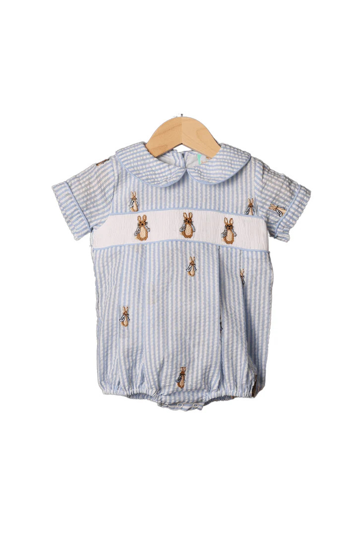 Smocked Peter Rabbit Blue Seersucker Bubble | The Smocked Flamingo