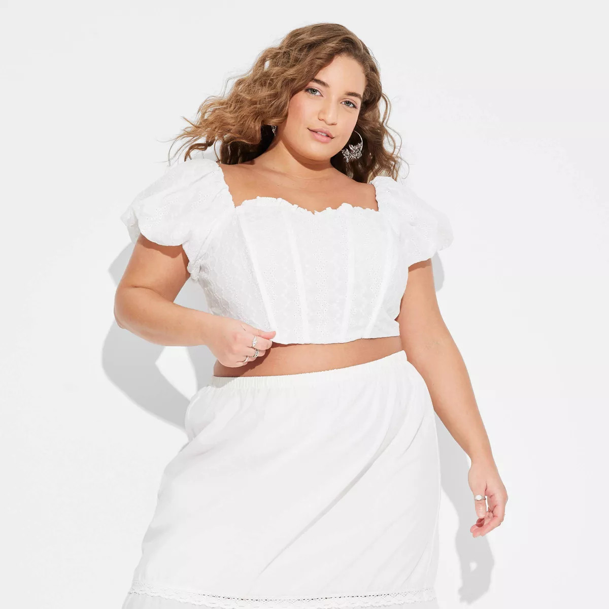 Women's Puff Cap Sleeve Eyelet Corset Top - Wild Fable™ White XXL | Target