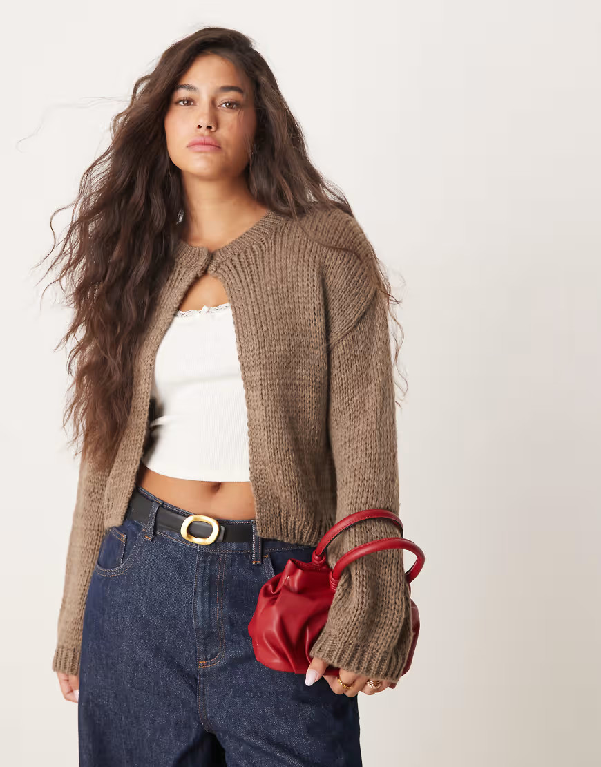ASOS DESIGN crew neck button cardigan in mocha-Brown | ASOS (Global)