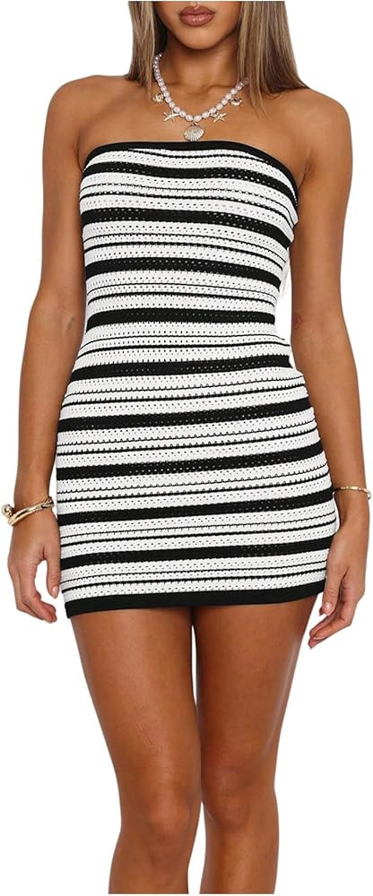 COZYEASE Women's Striped Strapless Cover Up Dress Backless Sleeveless Knitted Mini Swimwear Tube ... | Amazon (US)