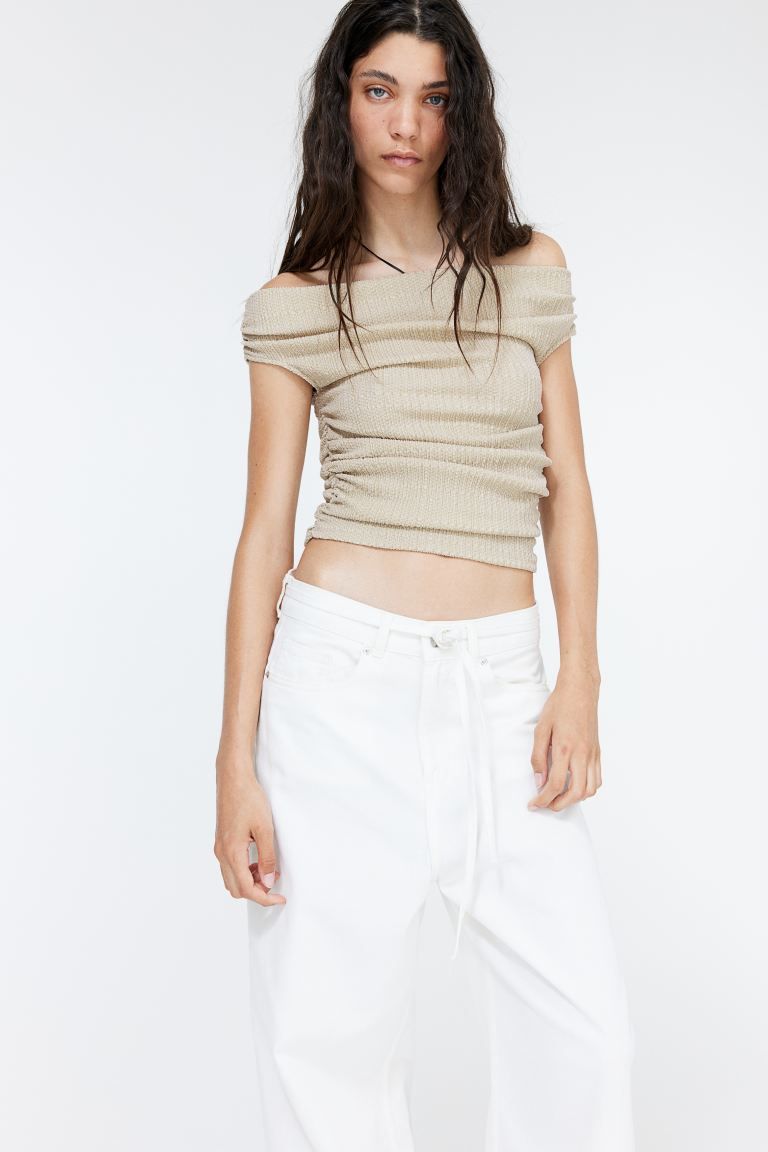 Crinkled Off-the-shoulder Top - Short sleeve - Short - Light beige - Ladies | H&M US | H&M (US + CA)