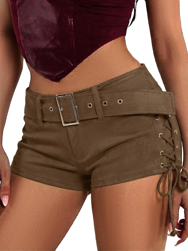 ELLEVEN Women's Faux Leather Micro Shorts Lace Up Side Low Waist Buckle Belt Y2k Sexy Skinny Sued... | Amazon (US)