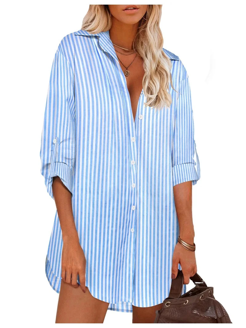 Zeagoo Shirt Dress for Women Button Down Blouse Linen Tops Long Sleeve Baggy Shirts Light | Walmart (US)