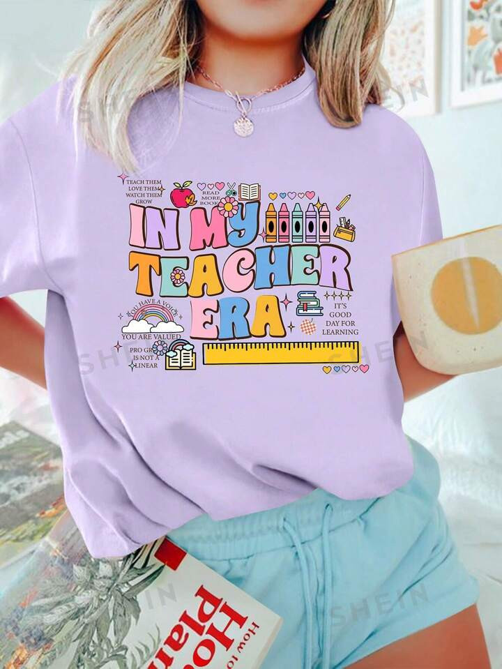 SHEIN EZwear Women's Summer Short Sleeve Casual T-Shirt With Slogan Print IN MY TEACHER ERA | SHEIN