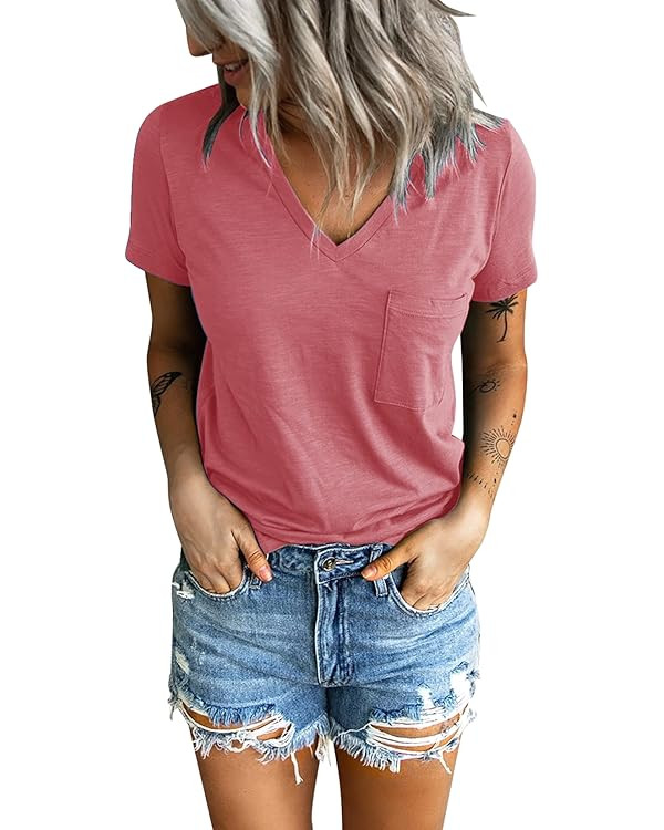 Sunborui Women's Summer Short Sleeve V Neck T Shirts Pocket Solid Loose Casual Tee Tops | Amazon (US)