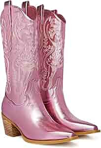 GOSERCE Western Cowboy Mid Wide Calf Boots Pull-Up Tabs Embroidered Sparkly Glitter Metallic Cowg... | Amazon (US)