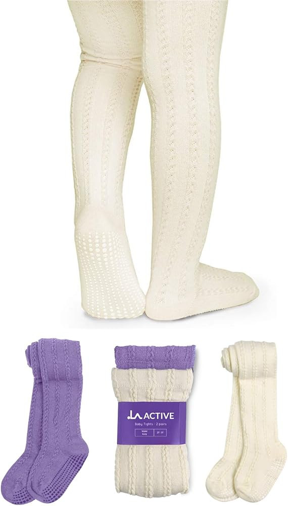 LA ACTIVE Baby Girls Tights - Cozy Warm Cotton Cable Knit Winter Tights - Non-Skid Grip - Toddler... | Amazon (US)