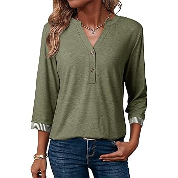 Dokotoo Womens Tops Spring Summer 3/4 Length Sleeve Fashion T-Shirts V Neck Button Down Dressy Ca... | Amazon (US)