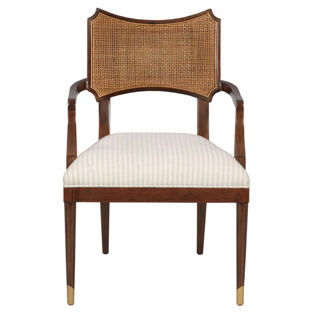 Powers French Country Cream Stripe Cane Dark Brown Wood Dining Arm Chair | Kathy Kuo Home