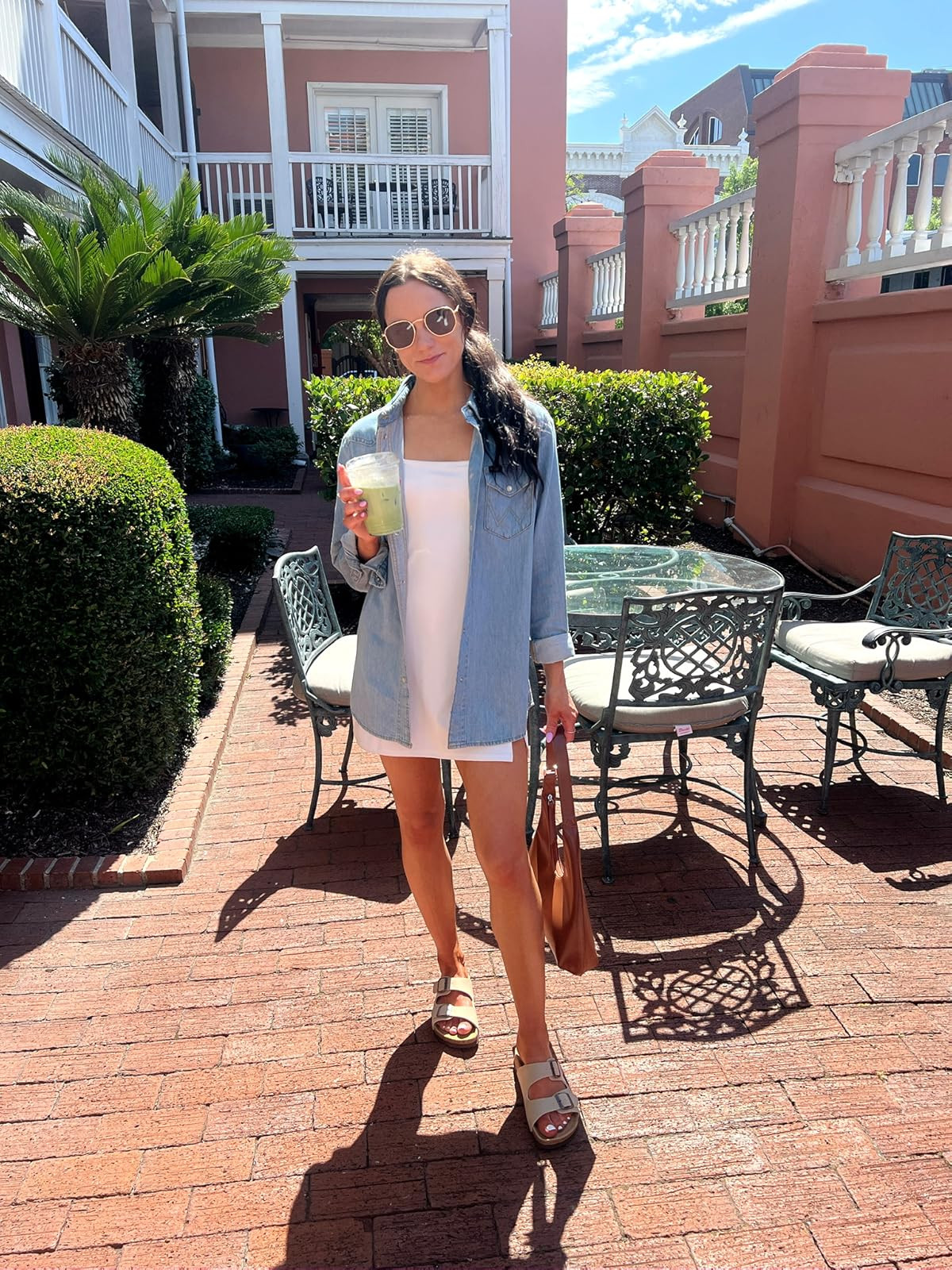 Charleston outfit / summer outfit-dress in S, sandals true to size, button down in XS. Athletic dress/denim button down/brown bag
 

 #LTKSummerEdit #LTKPetite #LTKFindsUnder50