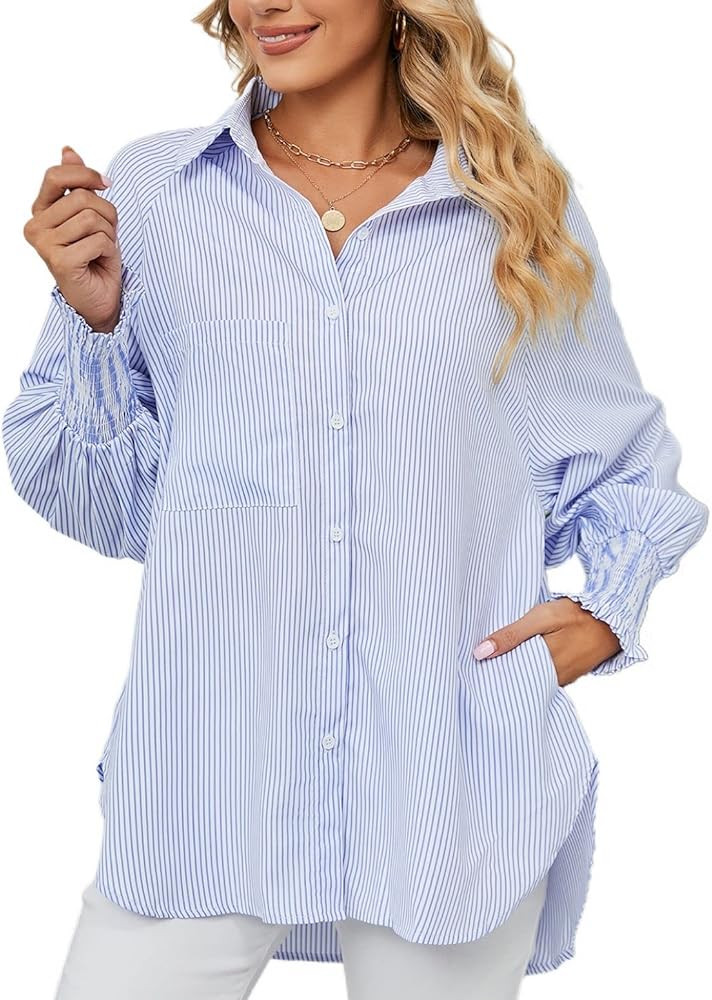 Lu's Chic Women's Long Sleeve Shirt Soft Stripe Blouse Top Boyfriend Work Bishop Sleeve Button Do... | Amazon (US)