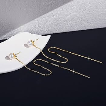 YAMI Sterling Silver Double Piercing Earrings for Women, Genuine Freshwater Pearl, Chain Earrings... | Amazon (US)