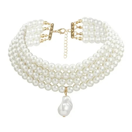 Layered Faux Pearl Strand Choker Necklace - Beads Pendant Choker Necklace for Women Dainty Chokers B | Walmart (US)