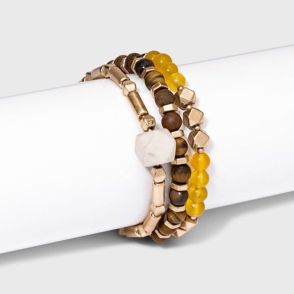 Semi-Precious Cream Opal and Tiger Eye Stretch Bracelet Set 3pc - Universal Thread Brown | Target