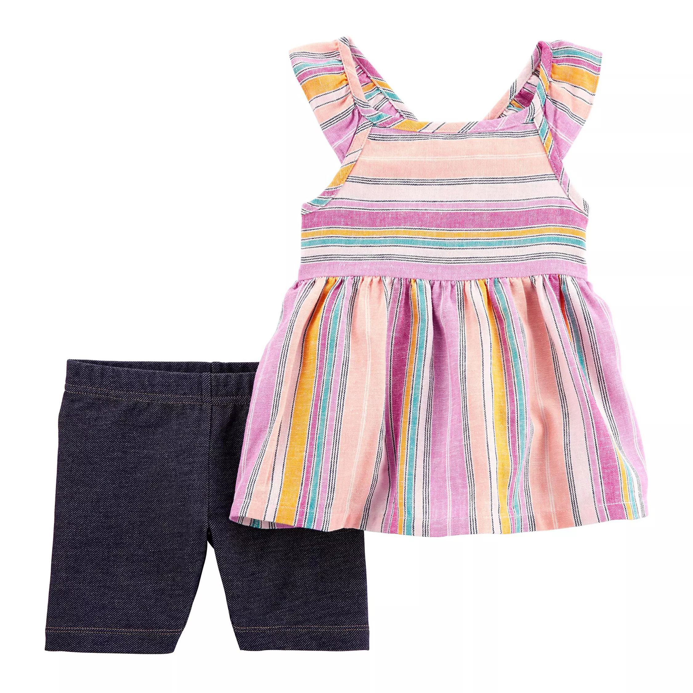Baby Girl Carter's 2-Piece Striped Flutter Top & Knit Denim Playground Shorts | Kohl's
