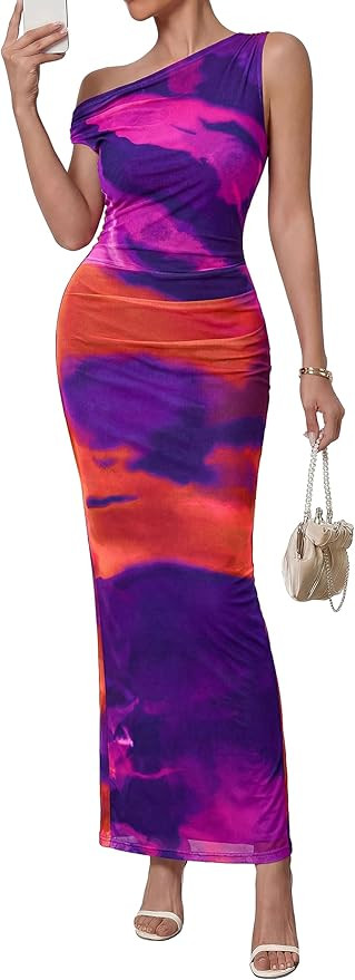 PRETTYGARDEN Women Summer Floral One Shoulder Bodycon Maxi Dresses Ruched Mesh Beach Wedding Gues... | Amazon (US)