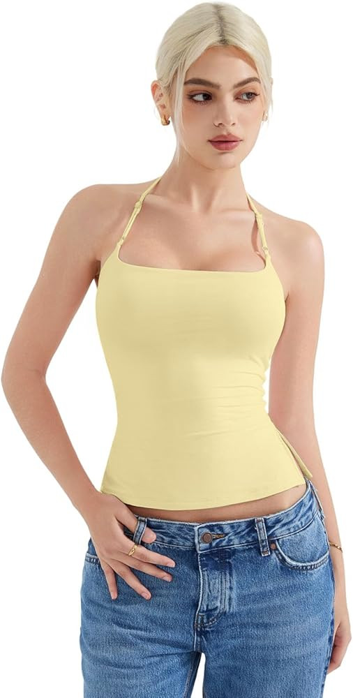 SUUKSESS Women Halter Double Lined Tank Top Backless Going Out Camisole Crop Top | Amazon (US)