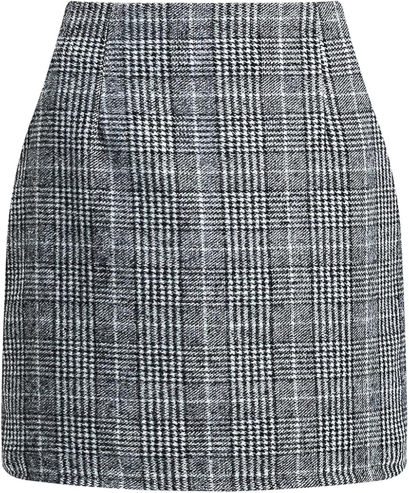 Women's Casual Plaid Skirt Zipper Side High Waisted Bodycon Mini Skirt | Amazon (US)