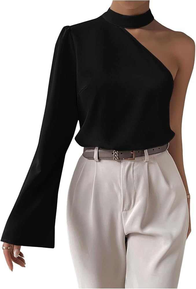 Verdusa One Shoulder Bell Sleeve Blouse Tops | Amazon (US)