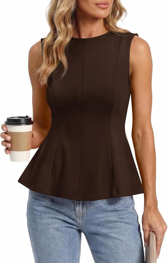 BTFBM Womens Pleated Peplum Tank Tops | Crew Neck Knit Babydoll Top,Summer Sleeveless Vests,Going... | Amazon (US)