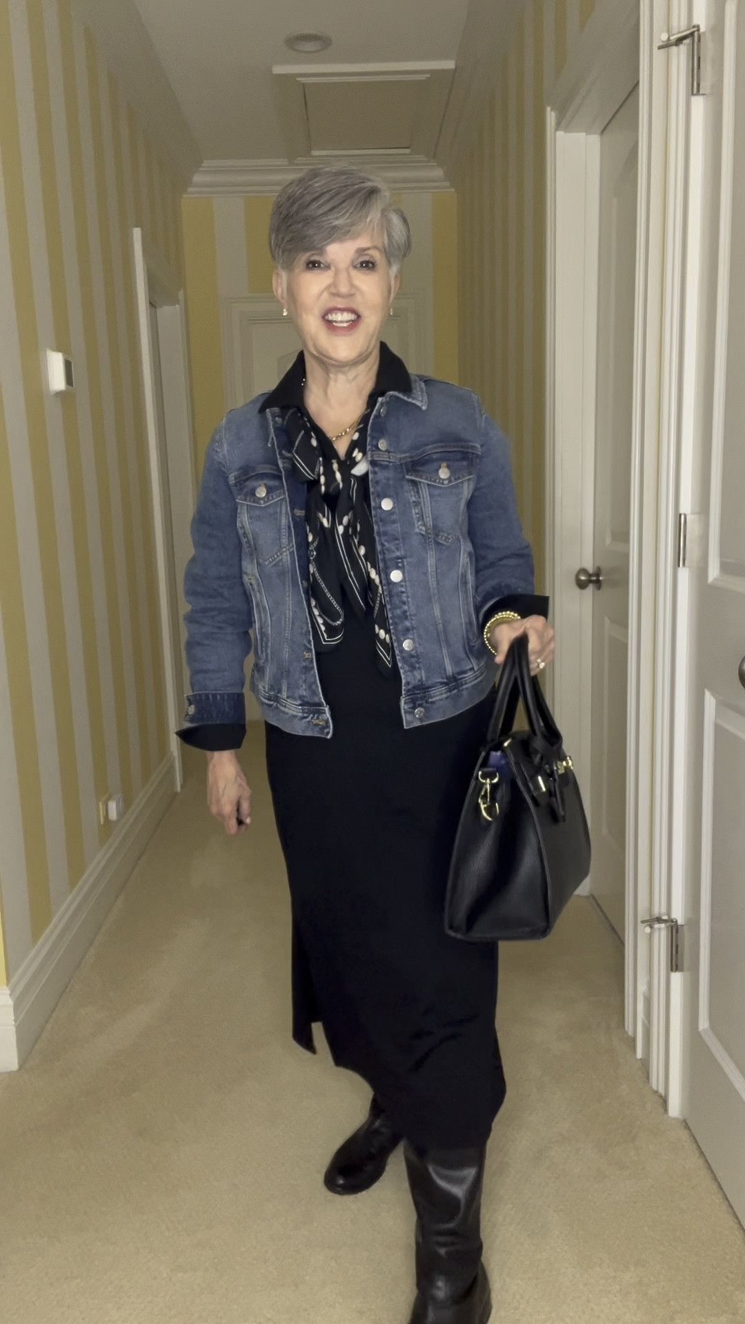 This is for you if you LOVE wearing a jean jacket over a dress while accessorizing it with fun stuff! Here I took an @jcrewfactory jacket and popped it over an @talbotsofficial black knit dress. Then I found THE COOLEST black scarf that has pearls and chains on it. AWESOME! Don’t forget some fun gold bracelets and a watch and finish with a black purse and a pair of black riding boots! Perfect look for Talbots’ fashion show this week!

#LTKOver40 #LTKFindsUnder50 #LTKVideo