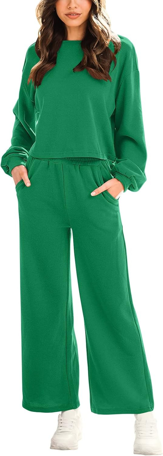 ANRABESS Women’s Two Piece Outfits Long Sleeve Crop Top Wide Leg Pants Knit Sweatsuit Loungewea... | Amazon (US)