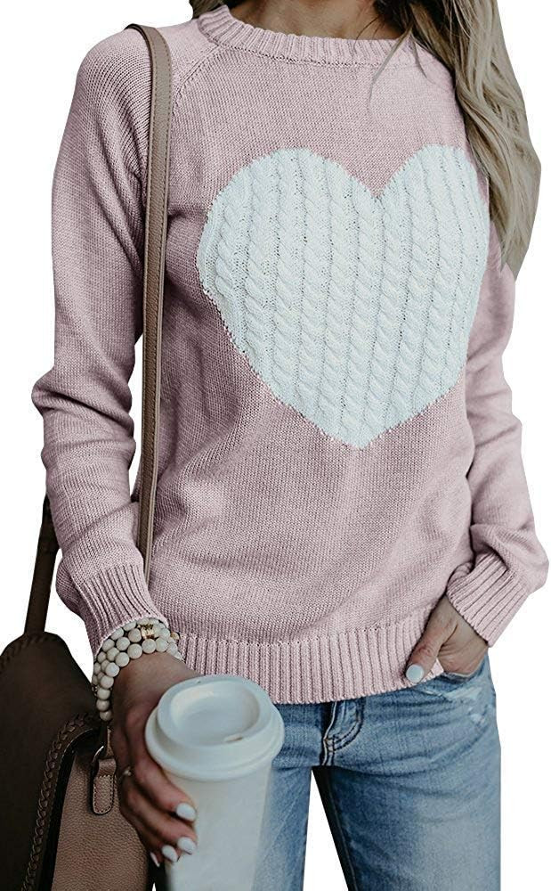 Women's Pullover Sweaters Knitted Long Sleeve Crewneck Heart Patchwork Jumper Cozy Tops | Amazon (US)