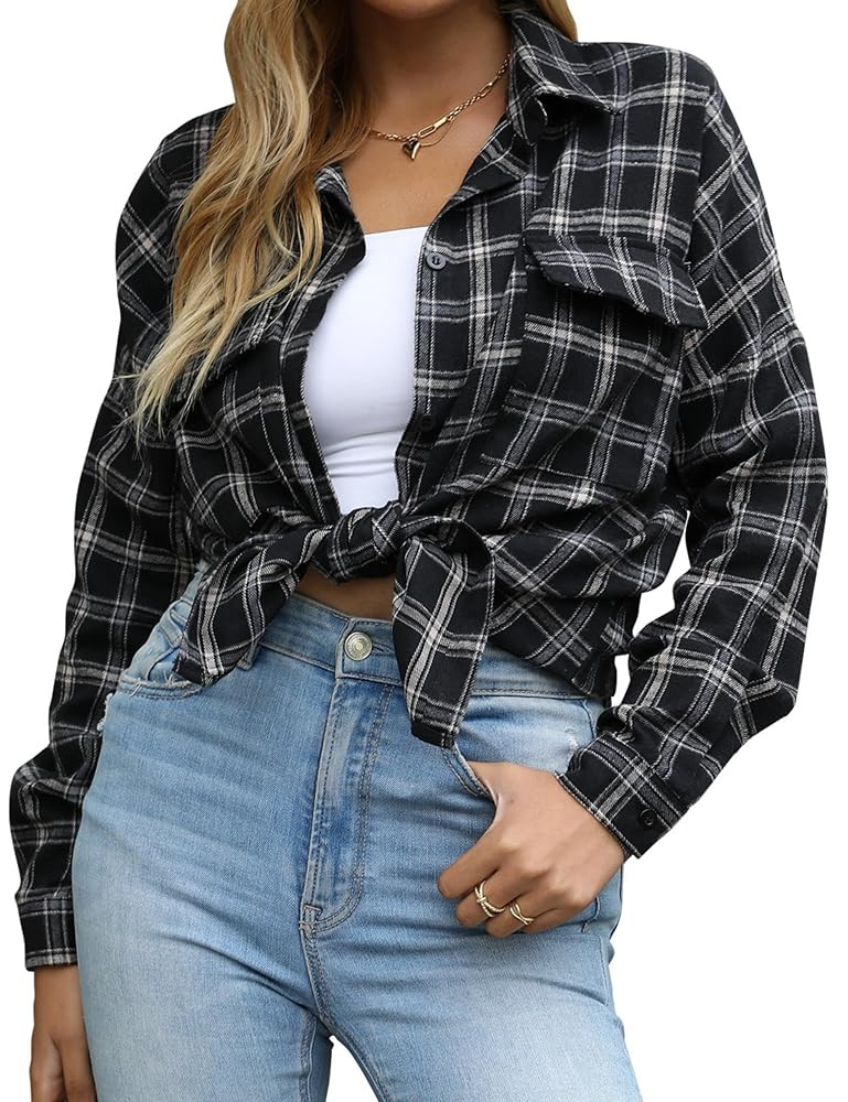 Blooming Jelly Women's Button Down Flannel Shirts Plaid Shacket Long Sleeve Collared Business Cas... | Amazon (US)