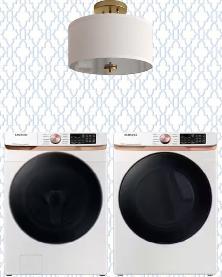 Elevated laundry room with bamboo lattice wallpaper and gold washer/dryer  

#LTKhome