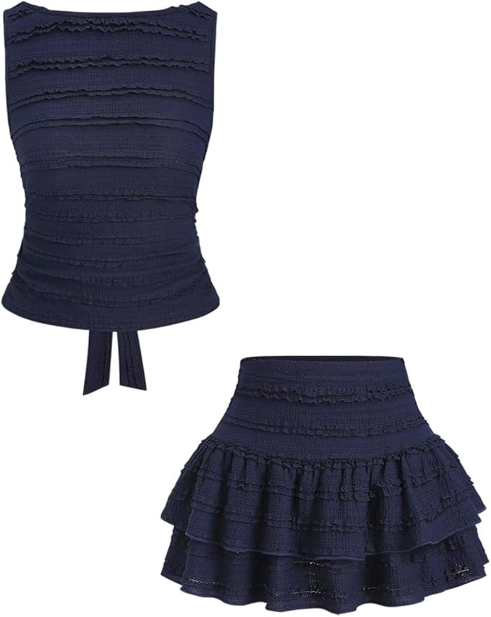 Verdusa Women's 2 Piece Y2k Textured Set Cut Out Tie Back Tank Top with Ruffle Layered Skirt Club... | Amazon (US)