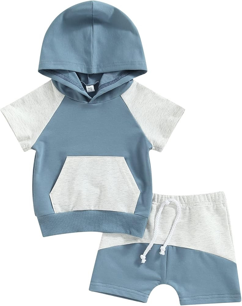 Toddler Baby Boy Summer Clothes Set Short Sleeve Hoodie Tops Drawstring Shorts 0-3 Years Solid Co... | Amazon (US)